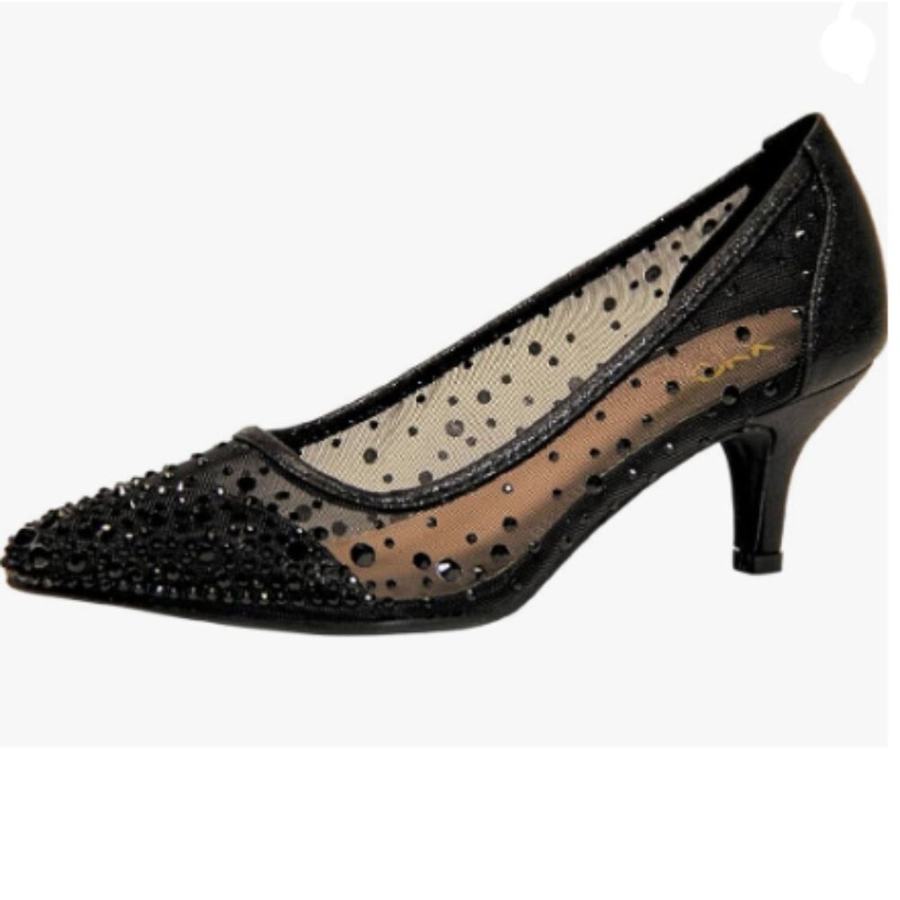XYD Black Pointed Toe Slip On Mesh Pumps Rhinestone Studs Comfy Kitten Heel Shoe